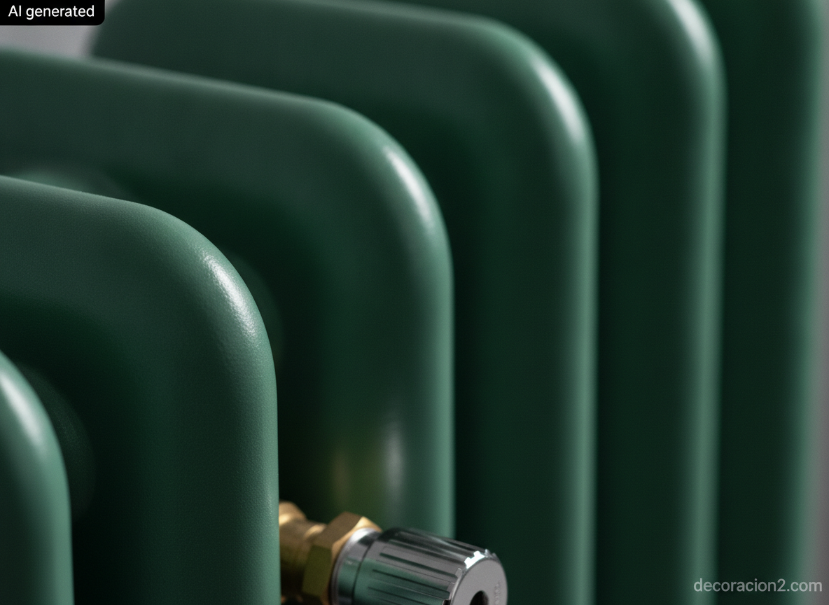 Detalle macro de la superficie curva y el lacado mate de un radiador de aluminio con válvula termostática