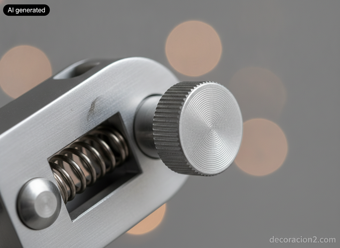 Detalle macro de la rótula de aluminio cepillado y el muelle de tensión del brazo de un flexo