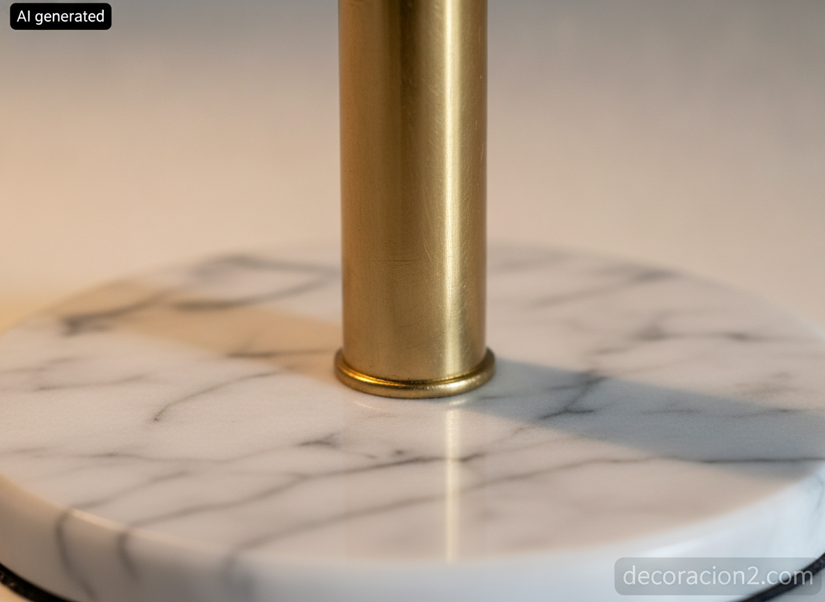 Detalle macro de la unión entre una base de mármol de Carrara y el vástago de latón cepillado de una lámpara