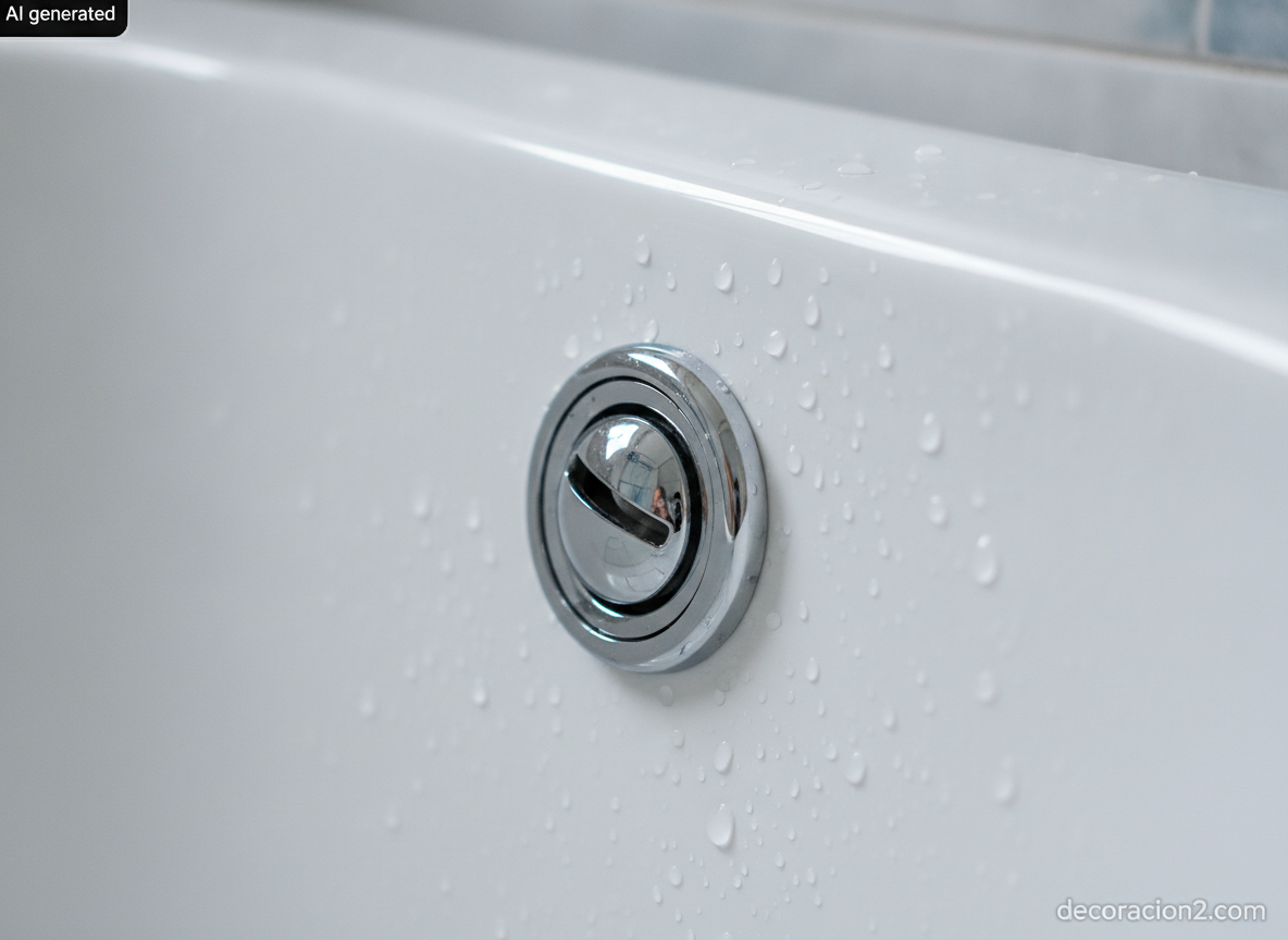 Detalle en primer plano de un jet cromado orientable sobre acrílico blanco con gotas de agua