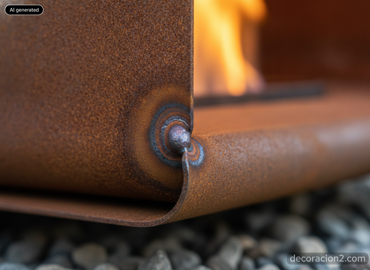 Chimeneas de diseño de Elena Colombo: fuego escultórico para interiores y jardín 5 Detalle macro de la superficie oxidada del acero corten con un cordón de soldadura visible