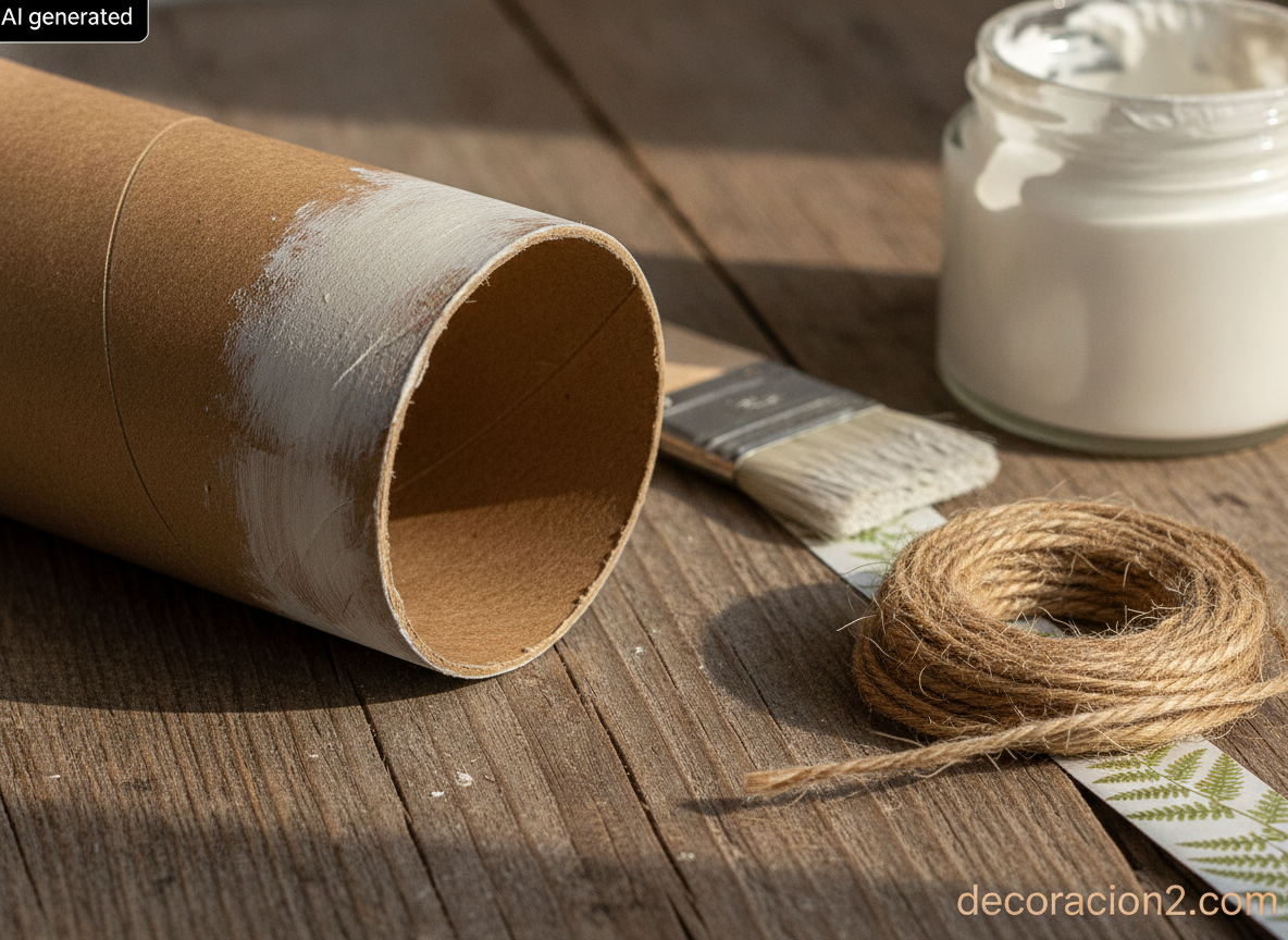 Primer plano de la textura del tubo de cartón kraft a medio pintar junto a un pincel, cordel de yute y bote de gesso