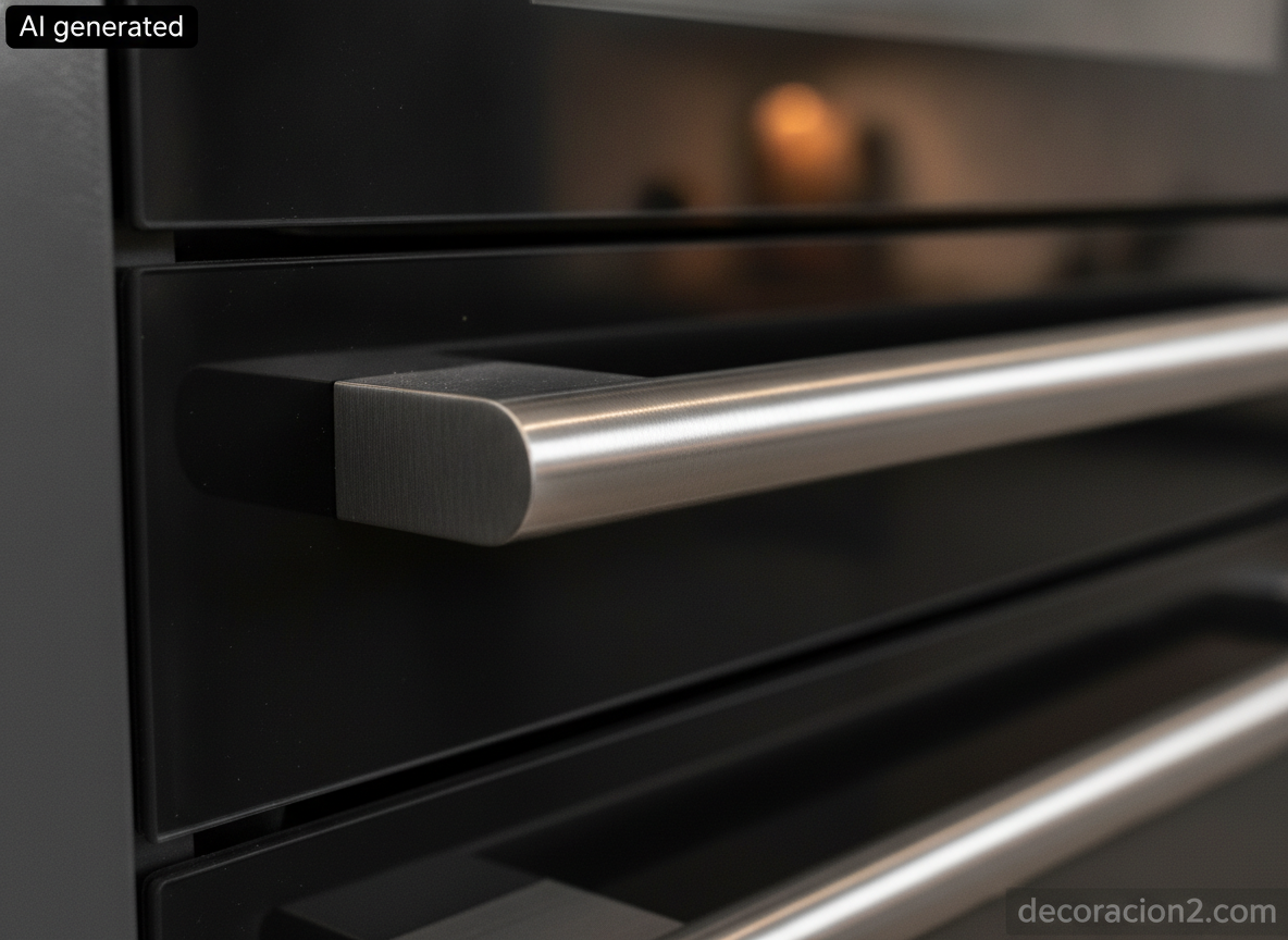 Horno doble en casa: columna, doble cavidad o horno más compacto (guía práctica) 1 Detalle del tirador de acero inoxidable y la puerta de triple cristal de un horno encastrable