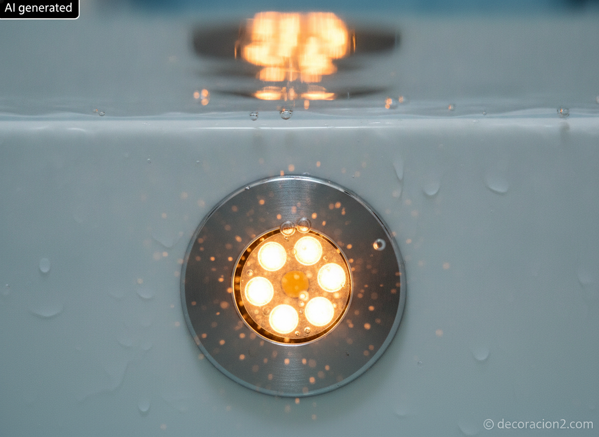 Detalle macro de un foco LED IP68 empotrado en el acrílico de una bañera bajo el agua