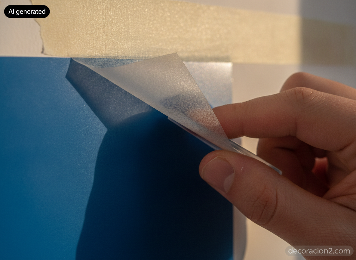 Detalle de una espátula alisando un vinilo adhesivo azul mientras se retira el papel de transferencia