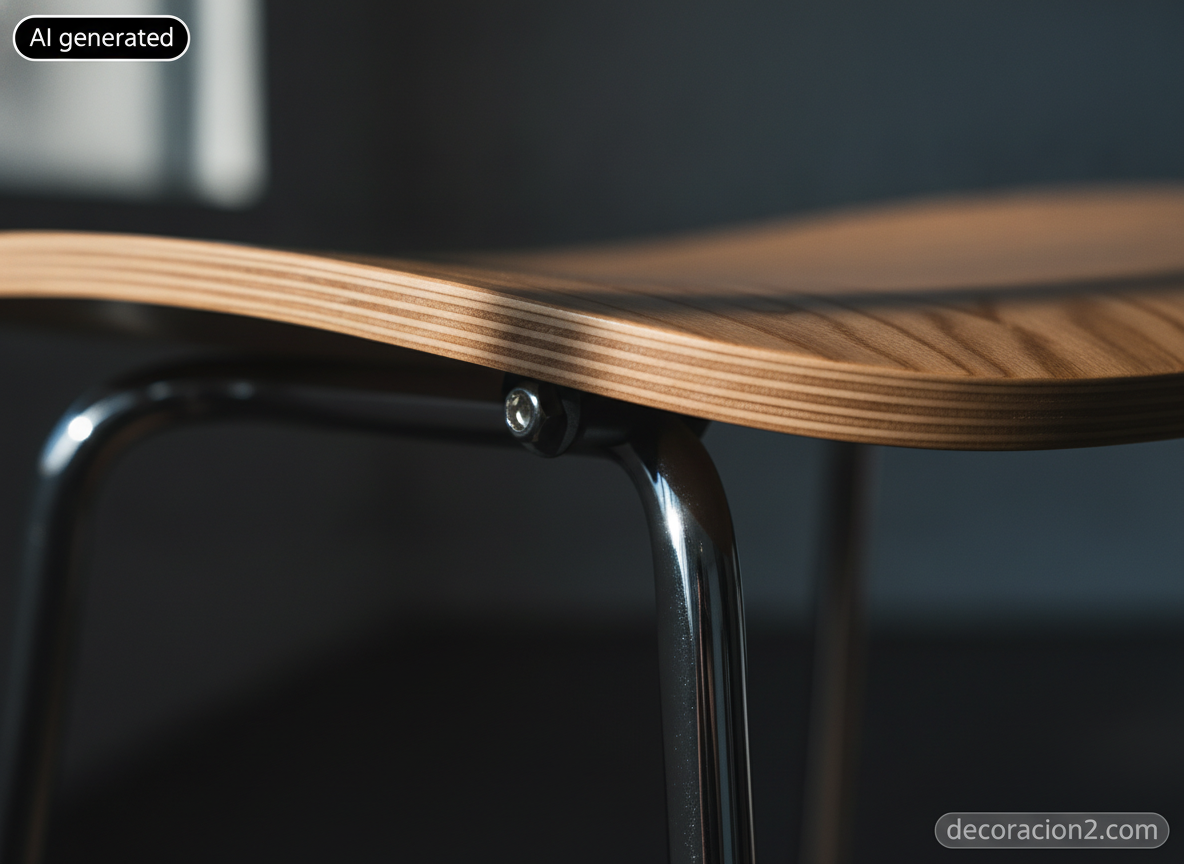Detalle macro del canto de contrachapado curvado y la unión con la pata de acero cromado de una silla Serie 7