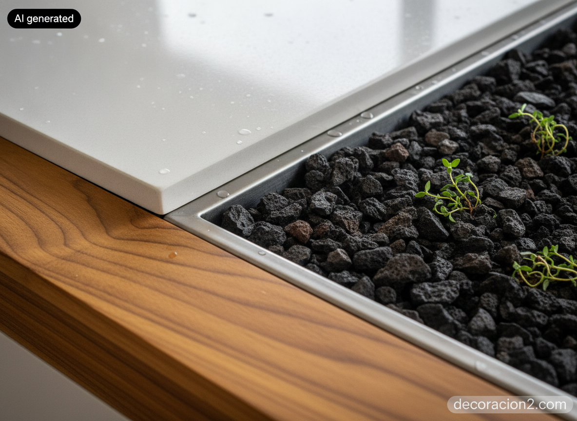 Detalle del canto de una cubierta blanca de Corian junto a la bandeja de zinc con sustrato y tomillo