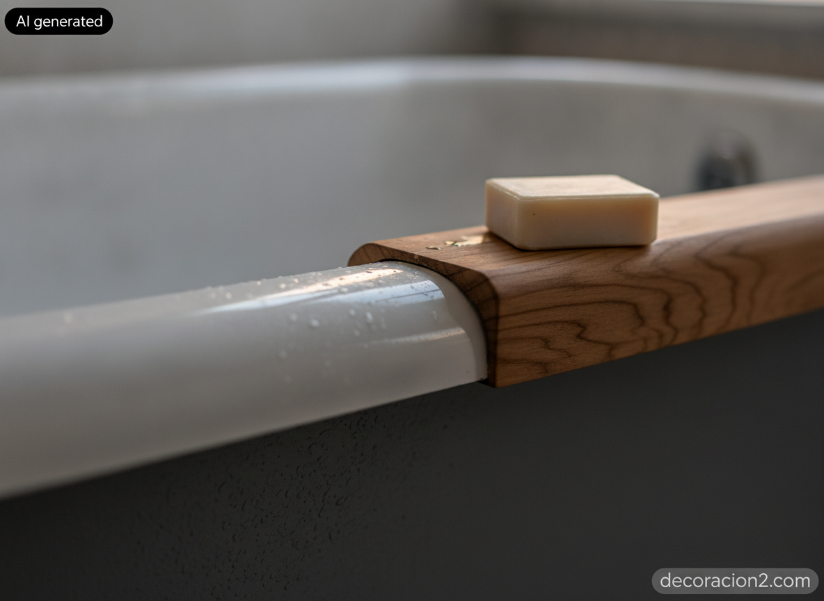 Detalle macro del borde esmaltado de una bañera metálica con la madera de teca del respaldo apoyada encima