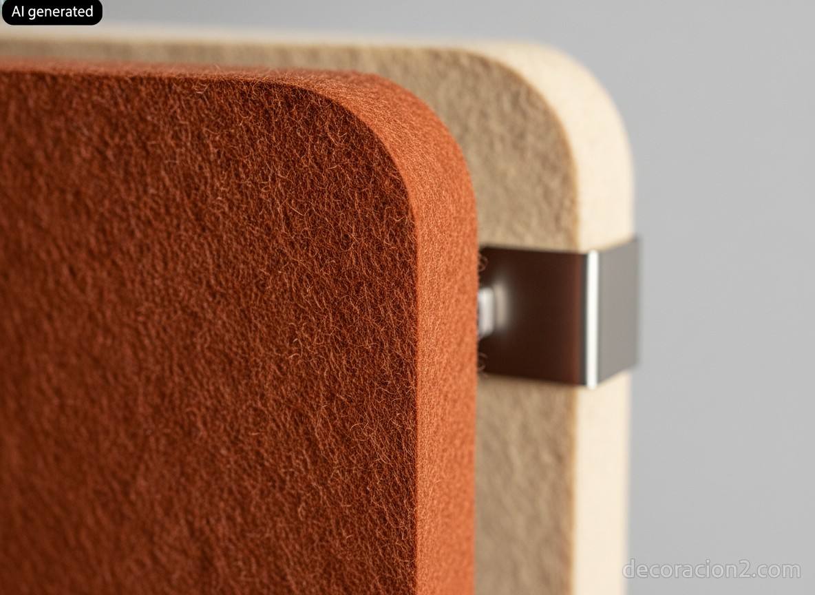 Detalle macro del canto y la textura fibrosa de un panel acústico de fieltro de PET reciclado color terracota