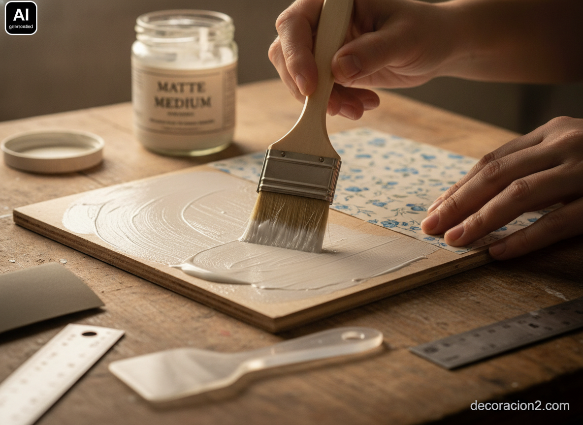 Manos extendiendo cola de decoupage con pincel plano sobre una tabla de DM antes de pegar el papel estampado