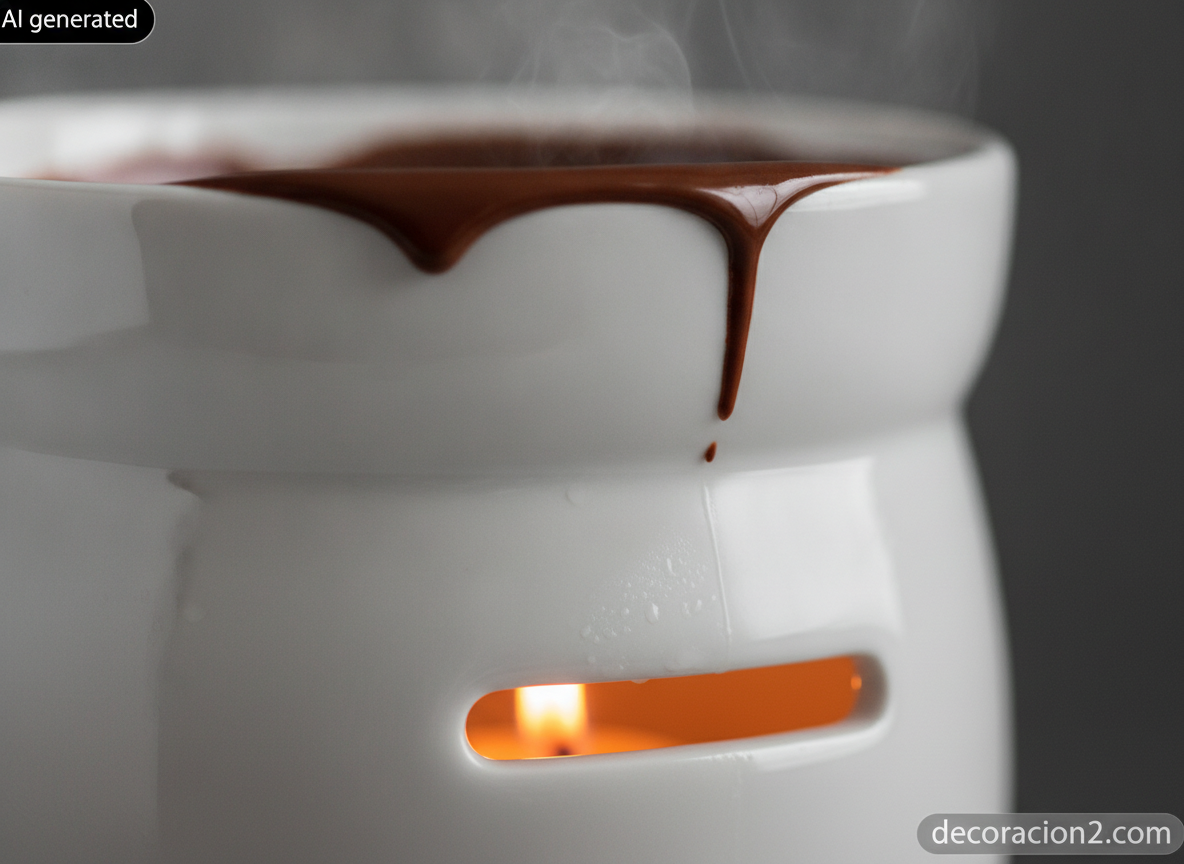 Detalle macro del esmalte de un cuenco de porcelana y la ranura de ventilación con la llama de la vela dentro