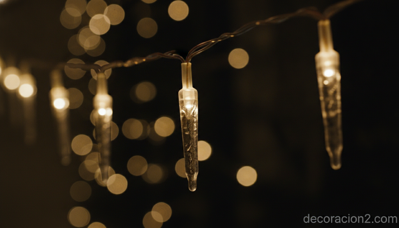 Detalle en primer plano de luces LED tipo carámbano con efecto hielo