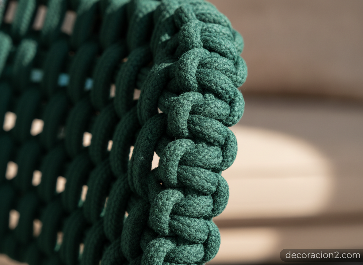 Detalle macro del cordón trenzado verde esmeralda que forma la tapicería del sillón
