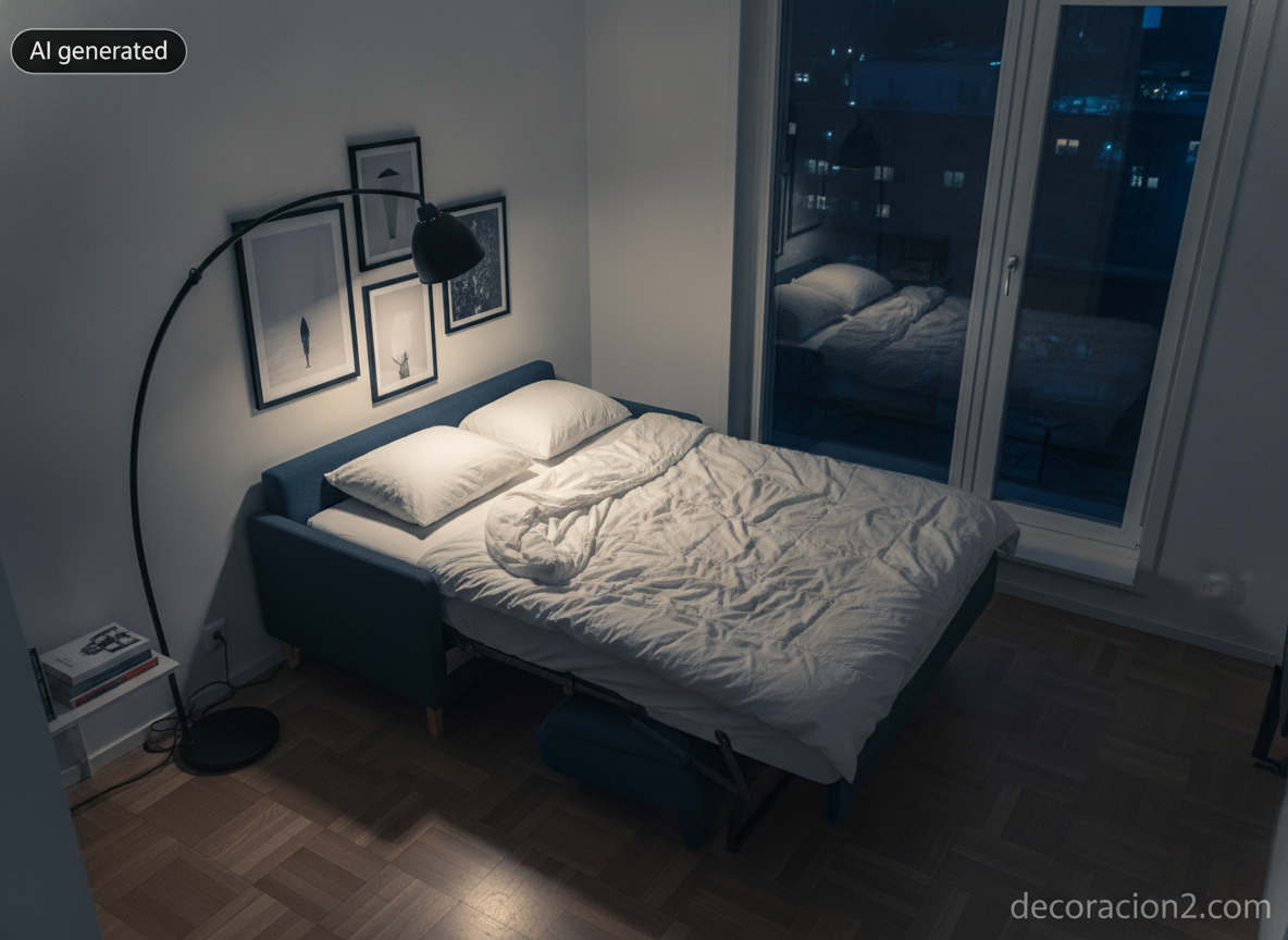 Estudio nórdico de noche con el sofá abierto en cama doble y ropa de cama blanca