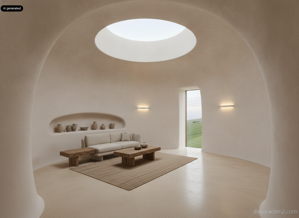 Salón interior de paredes curvas de arcilla con lucernario circular y suelo de microcemento