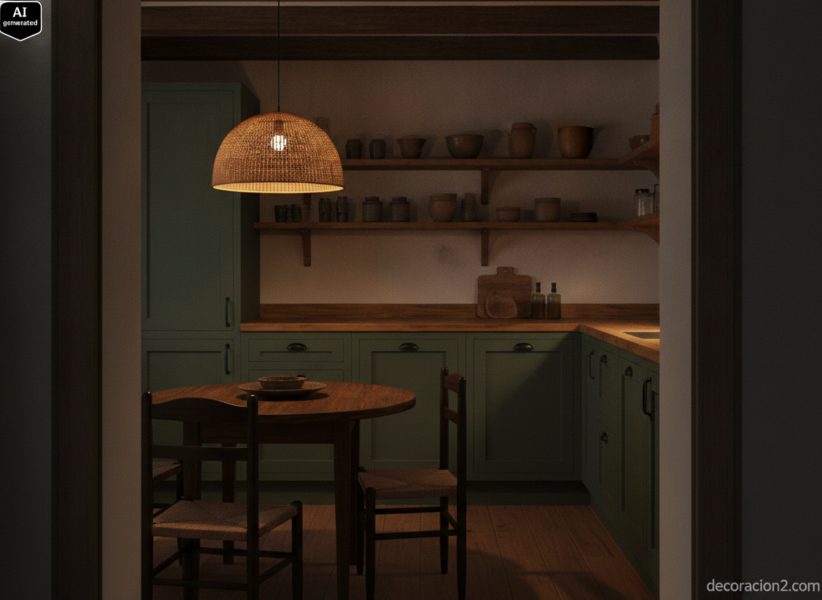 Cocina de estilo rústico con muebles bajos en verde salvia y encimera de madera de roble aceitada
