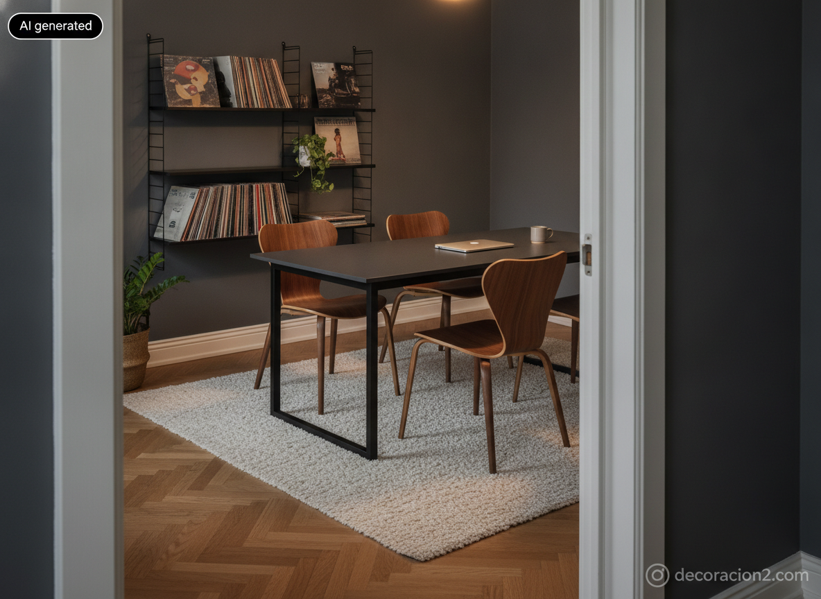 Comedor y zona de estudio con mesa de tablero fino, sillas de contrachapado curvado y balda de acero negro