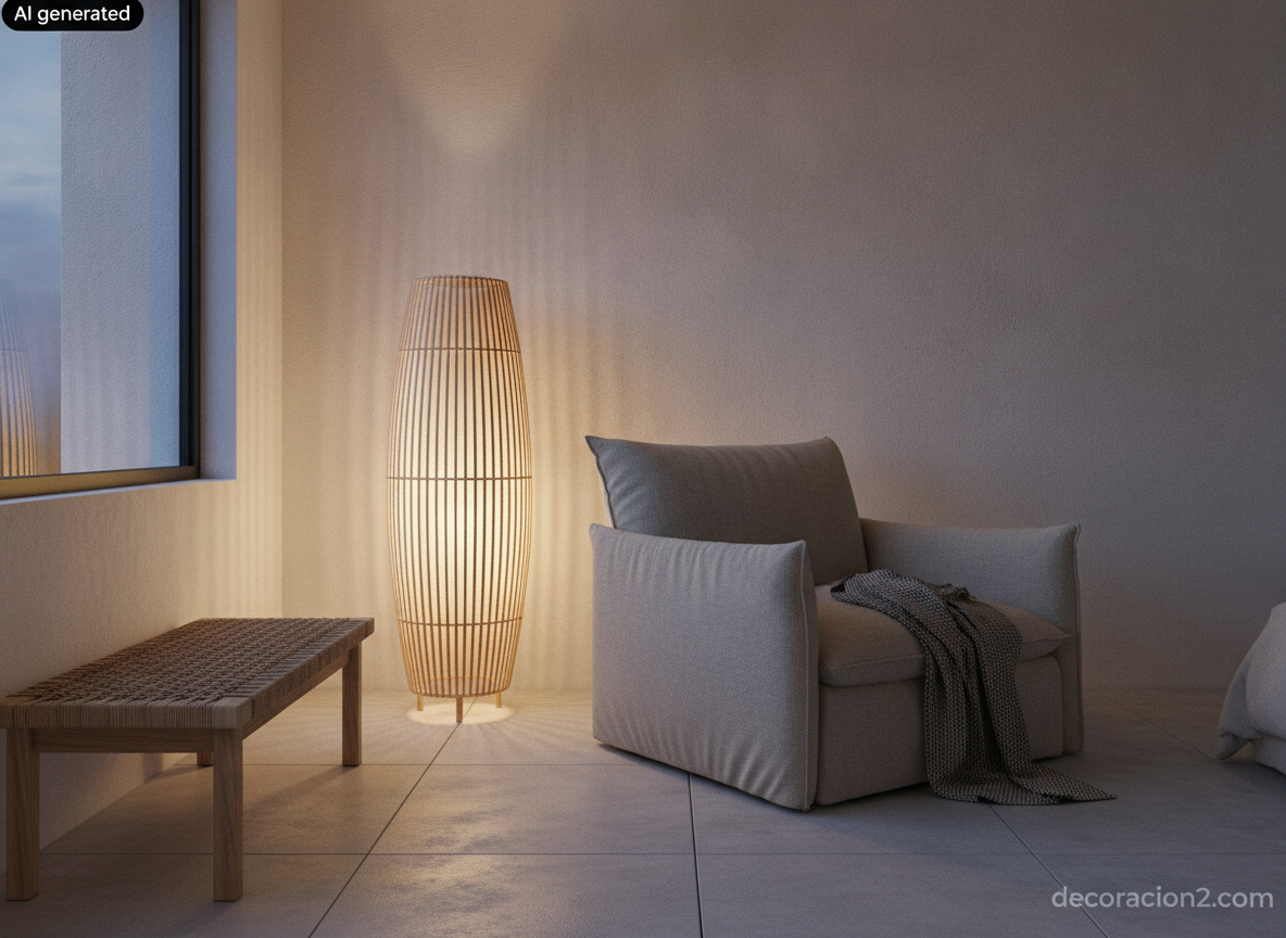 Rincón de dormitorio de estilo japandi con una lámpara de pie de papel de arroz encendida junto a un banco de madera