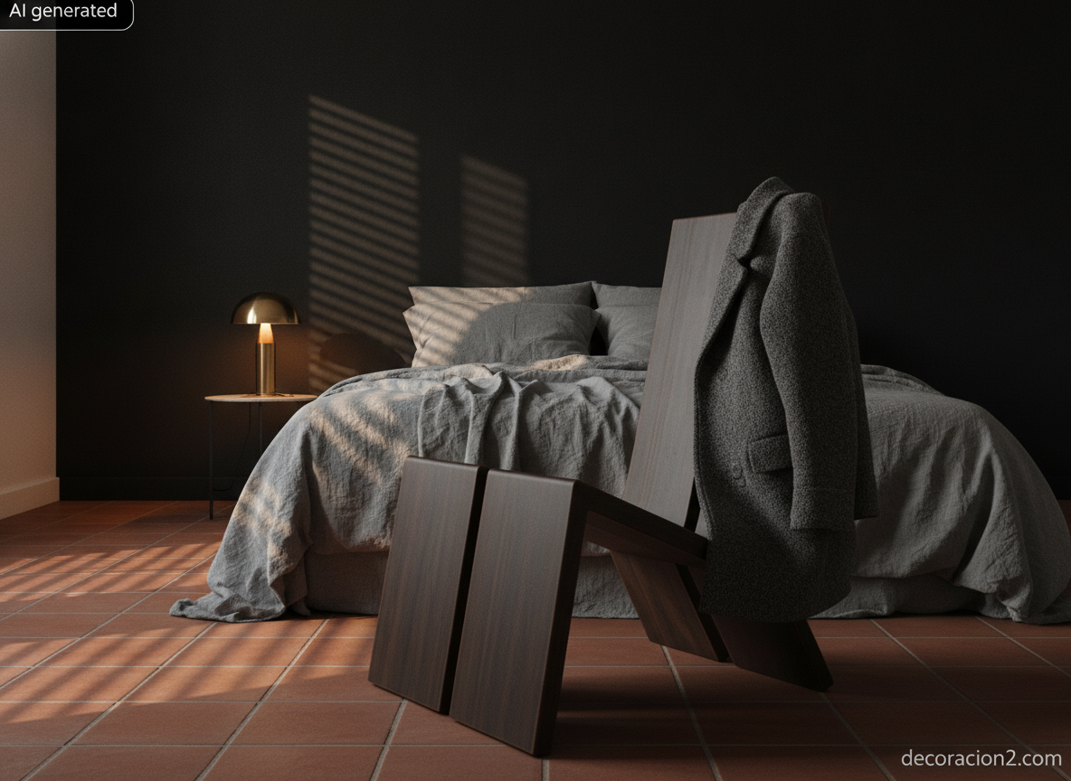 Dormitorio nórdico en penumbra con un biombo de madera oscura desplegado formando una silla junto a la cama