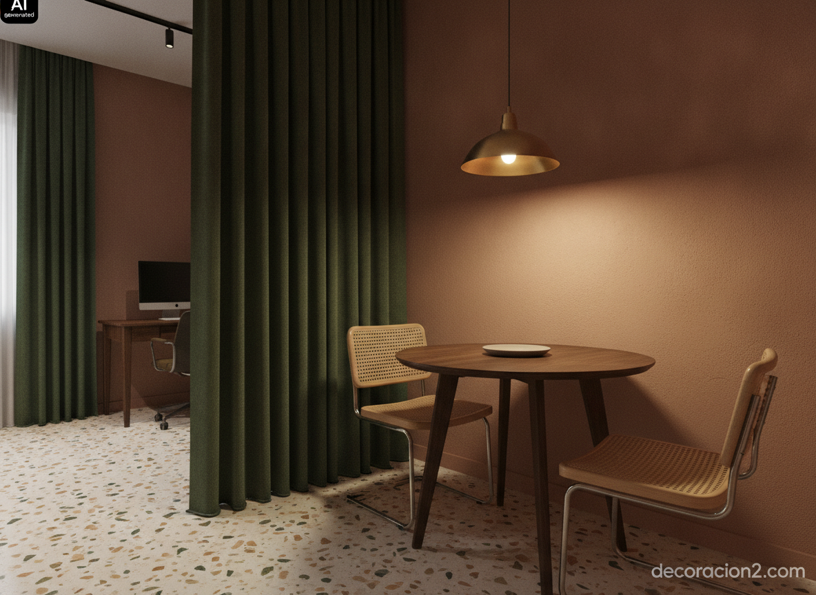 Cortina verde de suelo a techo separando un comedor estrecho de un rincón de teletrabajo con luz cálida