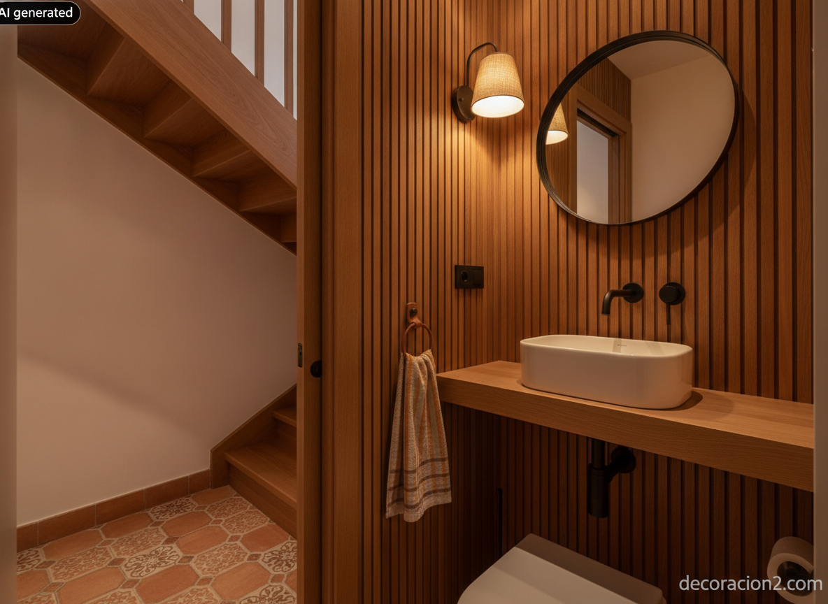 Aseo pequeño bajo la escalera con lavabo estrecho de 35 cm, puerta corredera y revestimiento de listones de nogal