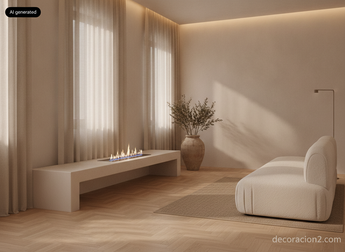 Chimeneas de diseño de Elena Colombo: fuego escultórico para interiores y jardín 6 Quemador de bioetanol integrado en un banco de microcemento en un salón minimalista mediterráneo