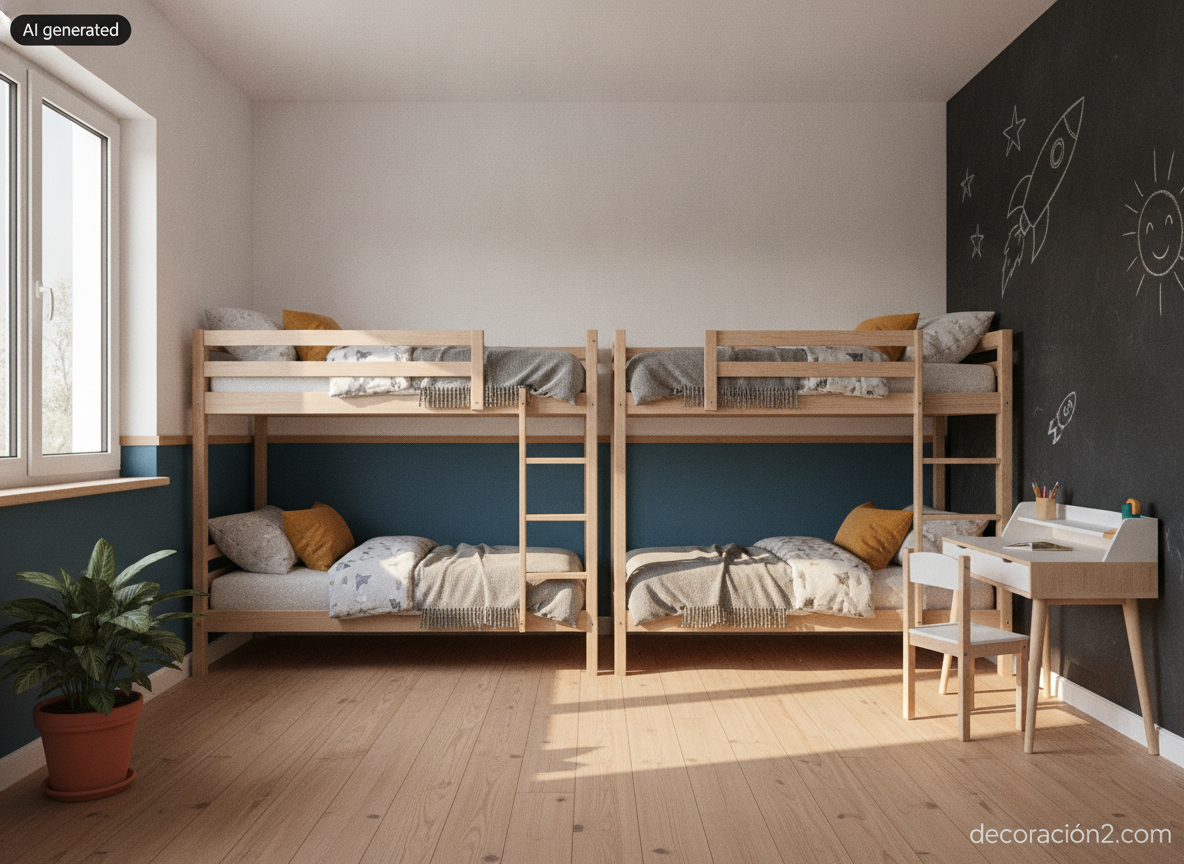 Dormitorio compartido nórdico con zócalo pintado en azul satinado y panel de pintura de pizarra