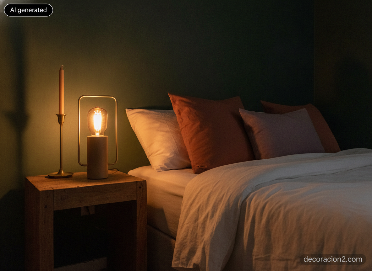 Rincón de dormitorio con cojines en tonos terracota y ciruela, lámpara portátil sin cable y vela alta en candelabro de latón