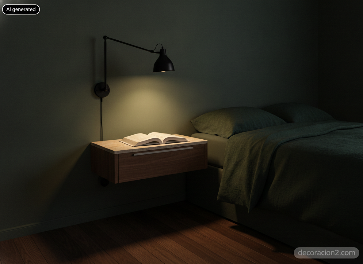 Mesitas de noche de diseño: guía para elegirlas bien (medidas, materiales y precios) 8 Mesita de noche volada de nogal y travertino en un dormitorio pequeño pintado de verde oscuro