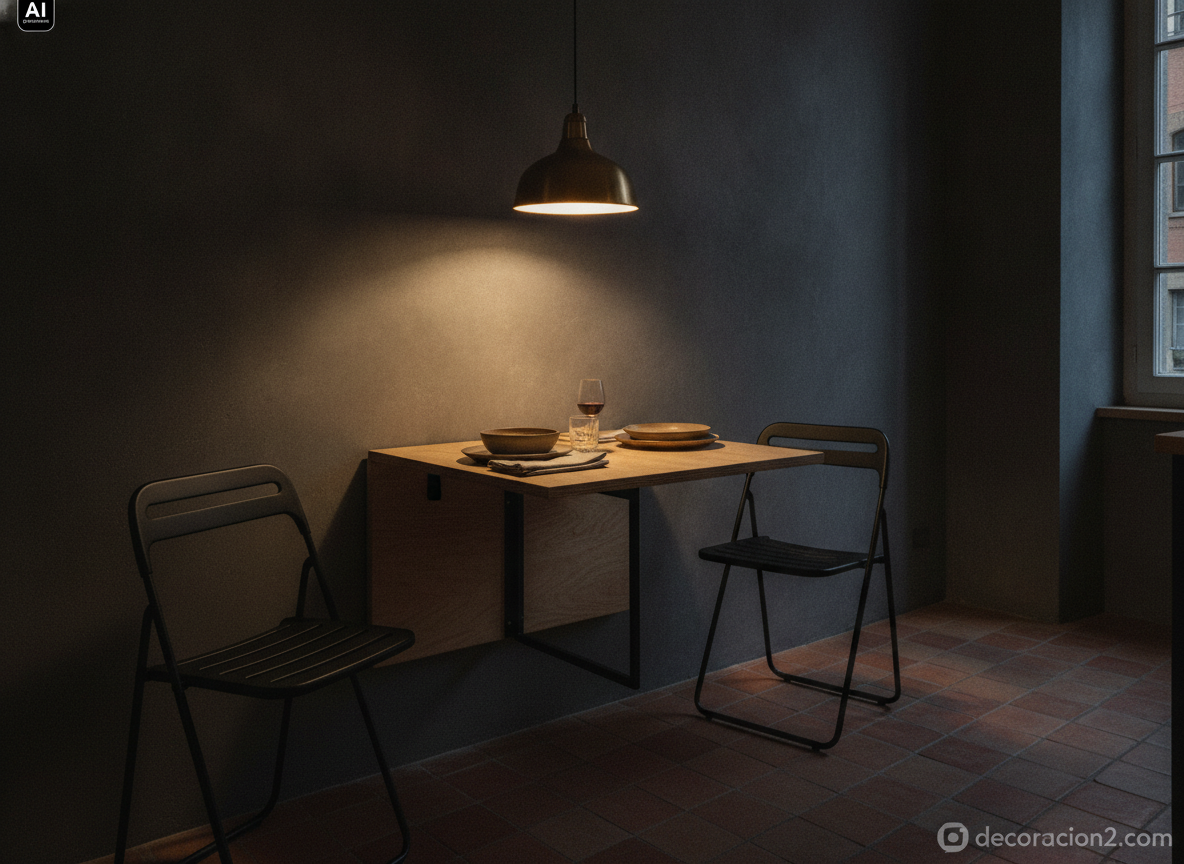 Rincón de cocina con mesa abatible de pared en contrachapado de abedul desplegada y puesta para dos