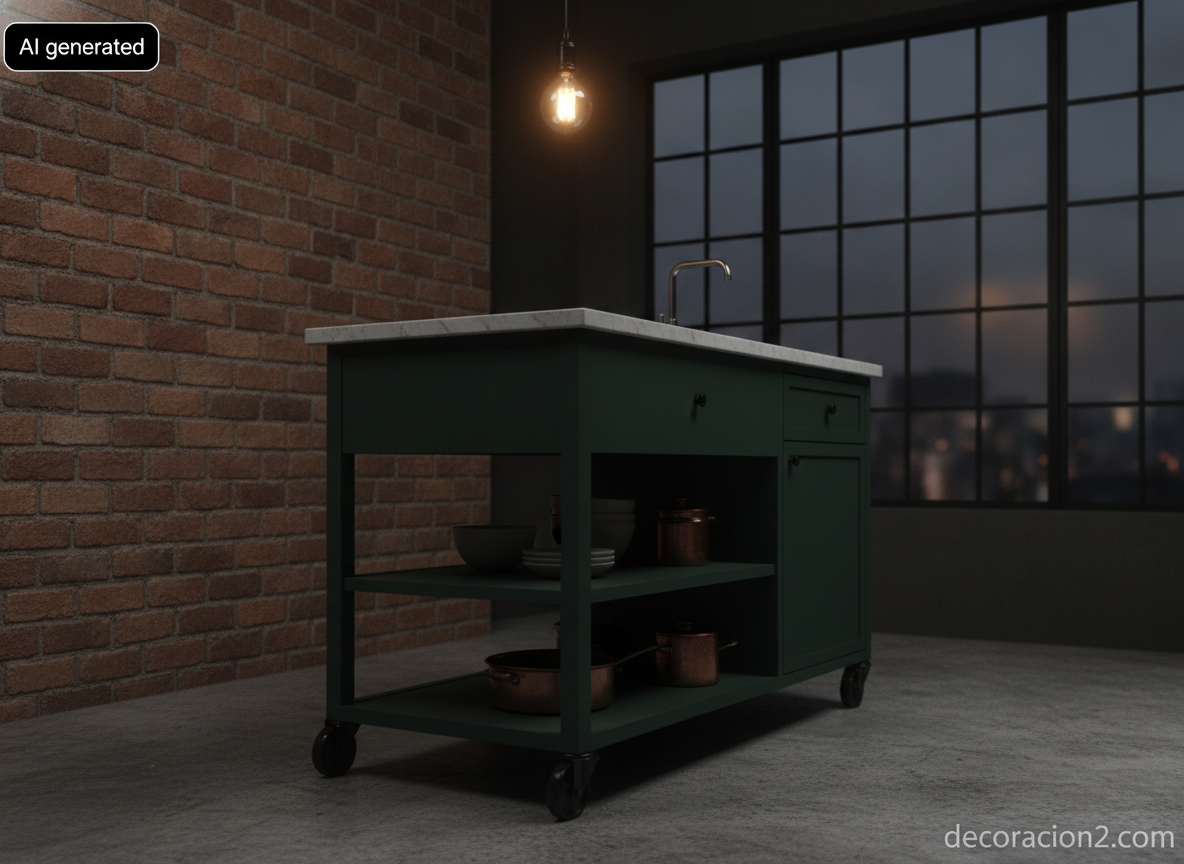 Bloque de cocina exento sobre ruedas en verde oscuro dentro de un loft de ladrillo visto