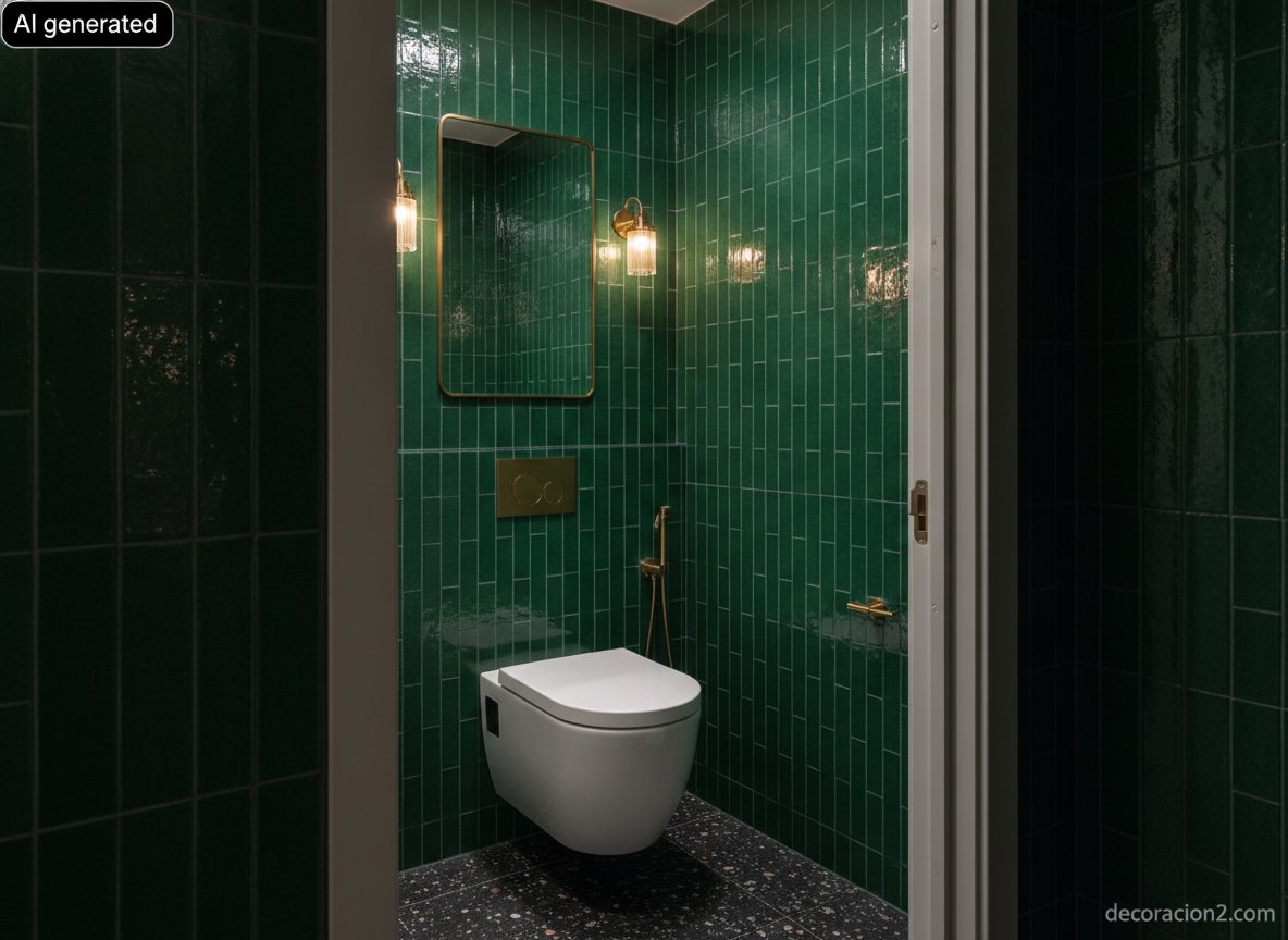 Aseo de cortesía con azulejos verdes y un inodoro con bidé integrado junto a una ducha higiénica de latón
