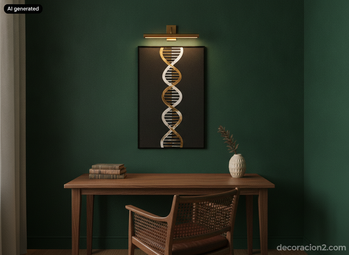 Arte con ADN: cómo elegir, enmarcar y colgar tu retrato genético 2 Despacho de pared verde oscuro con una lámina vertical de bandas genéticas iluminada por un aplique de latón