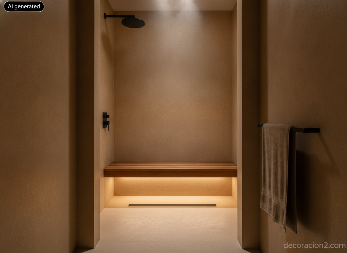 Ducha de obra con generador de vapor, paredes de microcemento arena y banco de teca en un baño pequeño