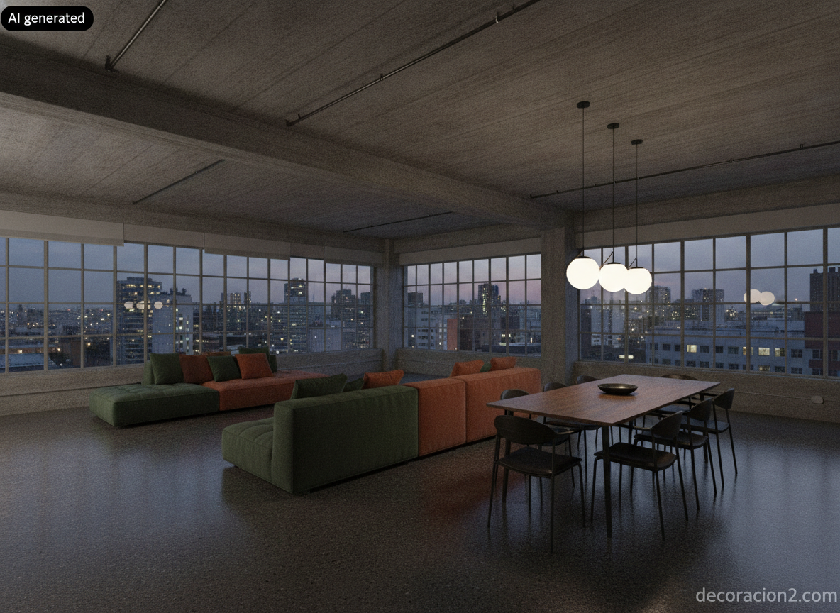 Loft diáfano al atardecer con sofá de módulos bajos en verde y terracota separando la zona de estar del comedor