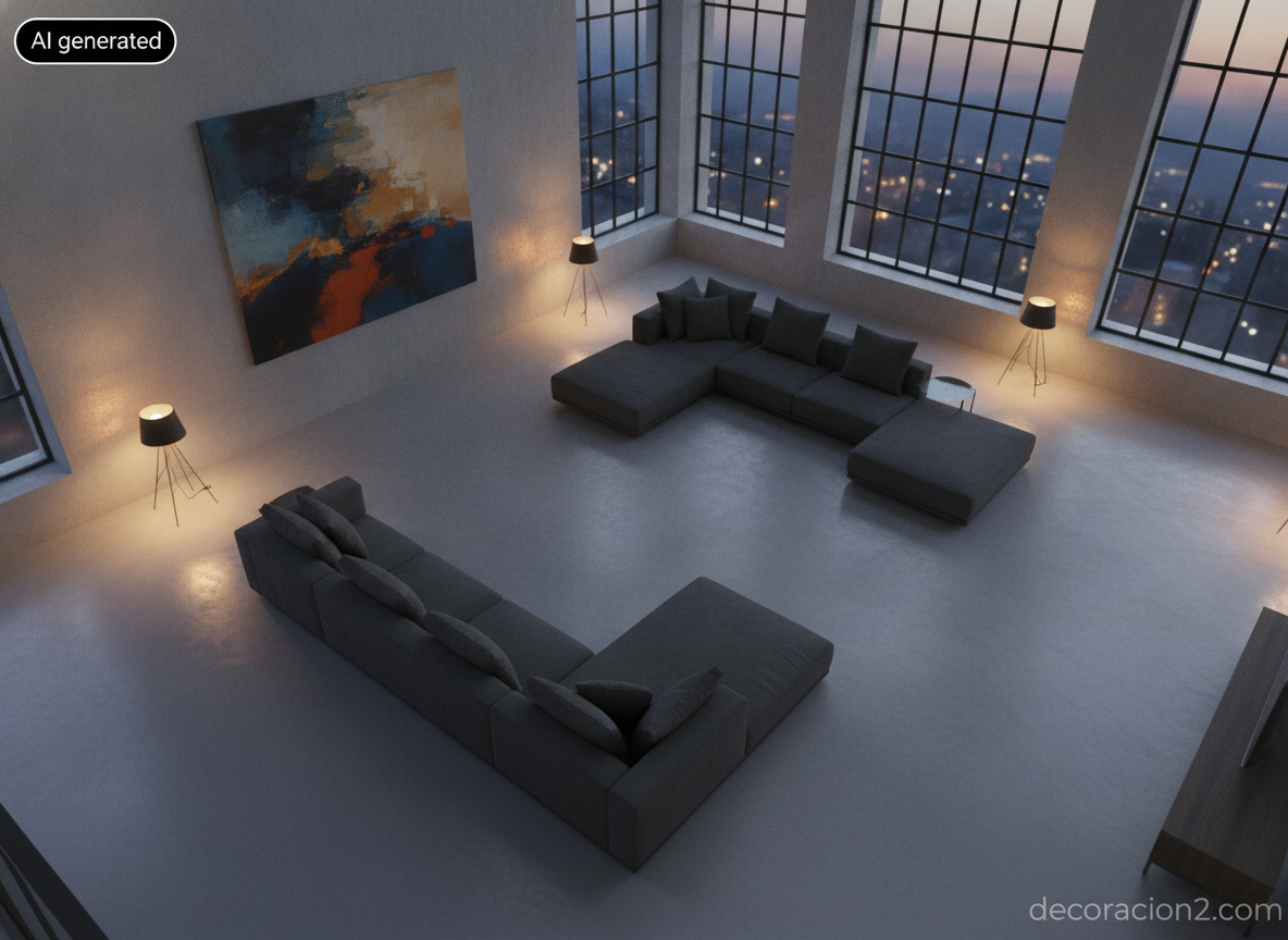 Salón tipo loft con mobiliario de diseño bajo visto desde un ángulo elevado