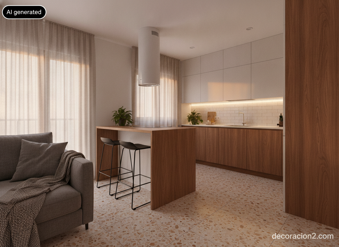Cocina abierta con península de nogal vista desde el salón de un piso mediterráneo al atardecer
