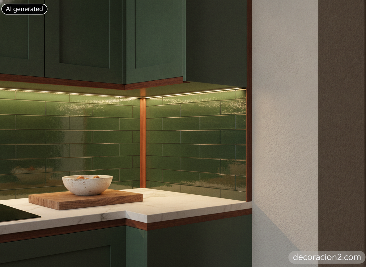Frente de cocina con azulejos verdes rematado por un perfil de caoba en la transición a la pared pintada