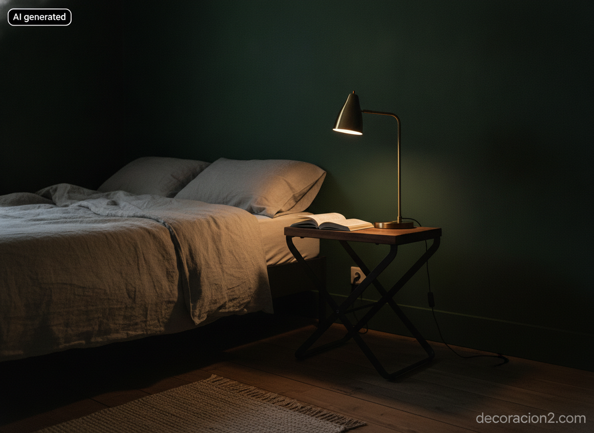 Dormitorio verde oscuro con un taburete transformable de acero negro y nogal usado como mesita de noche