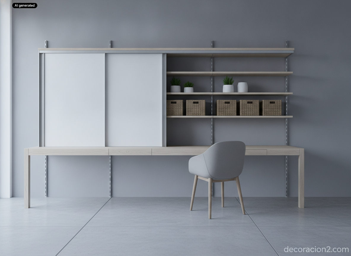 Despacho en casa con estantería modular cerrada mediante paneles correderos blancos y cestas de fibra natural