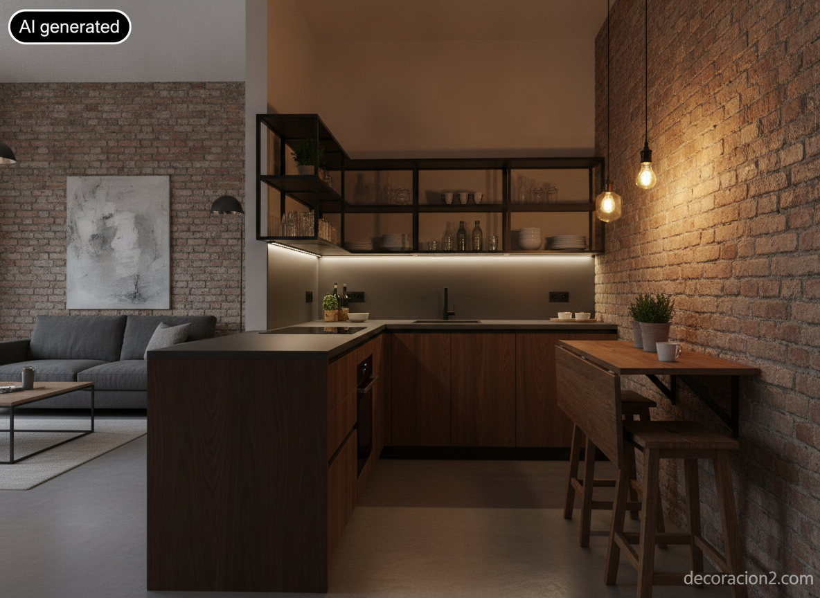 Cocina estrecha en L de estilo industrial abierta al salón con barra abatible y estantería de acero negro