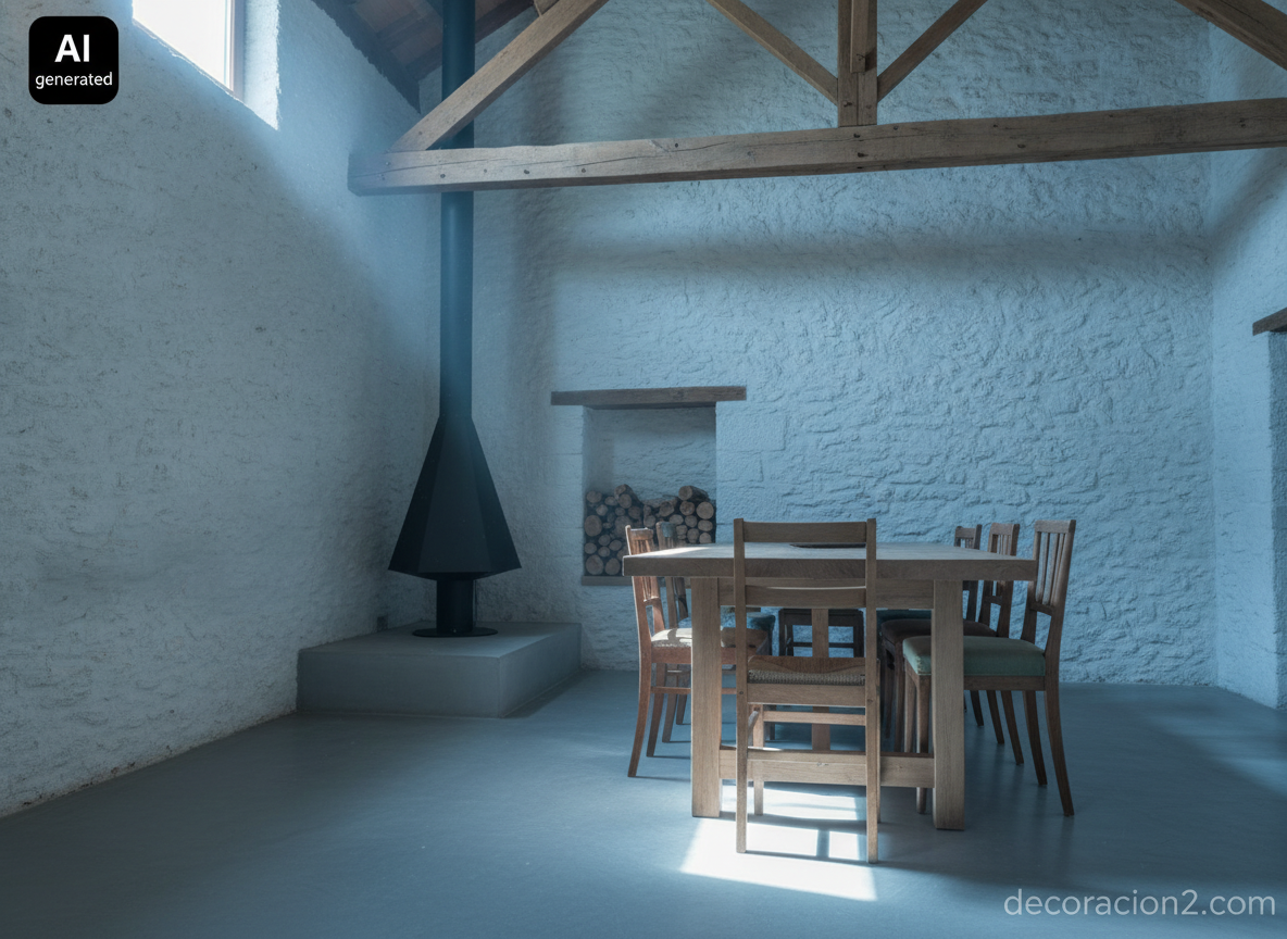 Estufa piramidal sobre podio de microcemento en un comedor rústico de piedra con vigas de madera