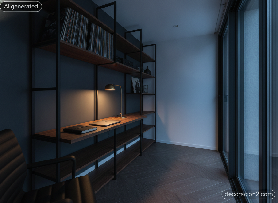 Rincón de despacho en casa con estantería modular de nogal y acero negro sobre pared gris oscuro y vinilos colocados en vertical
