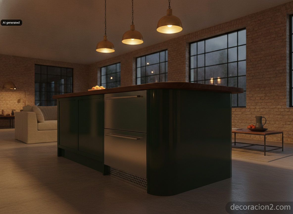 Isla de cocina verde oscuro en un loft diáfano con módulo de doble cajón frigorífico y rejilla de ventilación en el zócalo