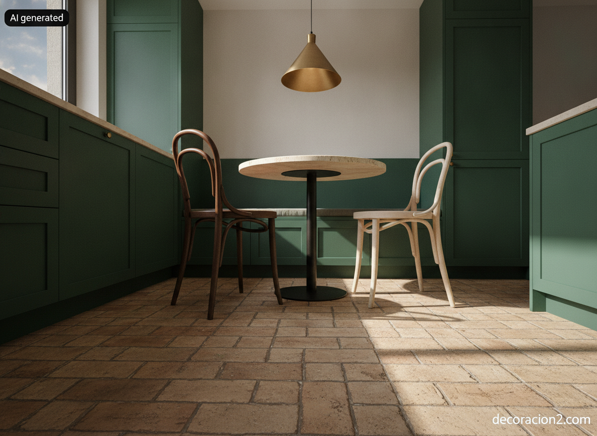Rincón de cocina moderna en verde con dos sillas de madera curvada de distinto acabado junto a una mesa bistró