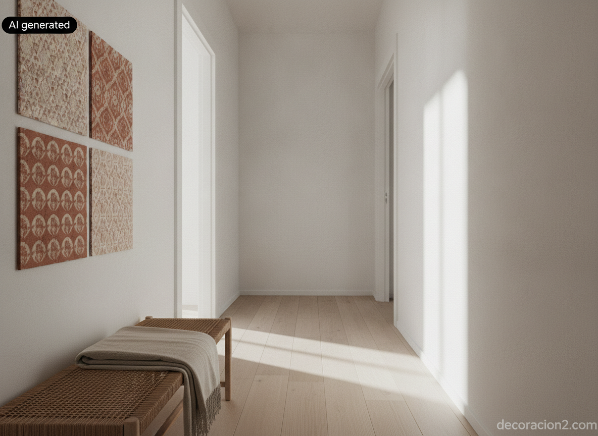 Pasillo nórdico con una columna vertical de cuatro paneles decorados con papel estampado junto a la puerta
