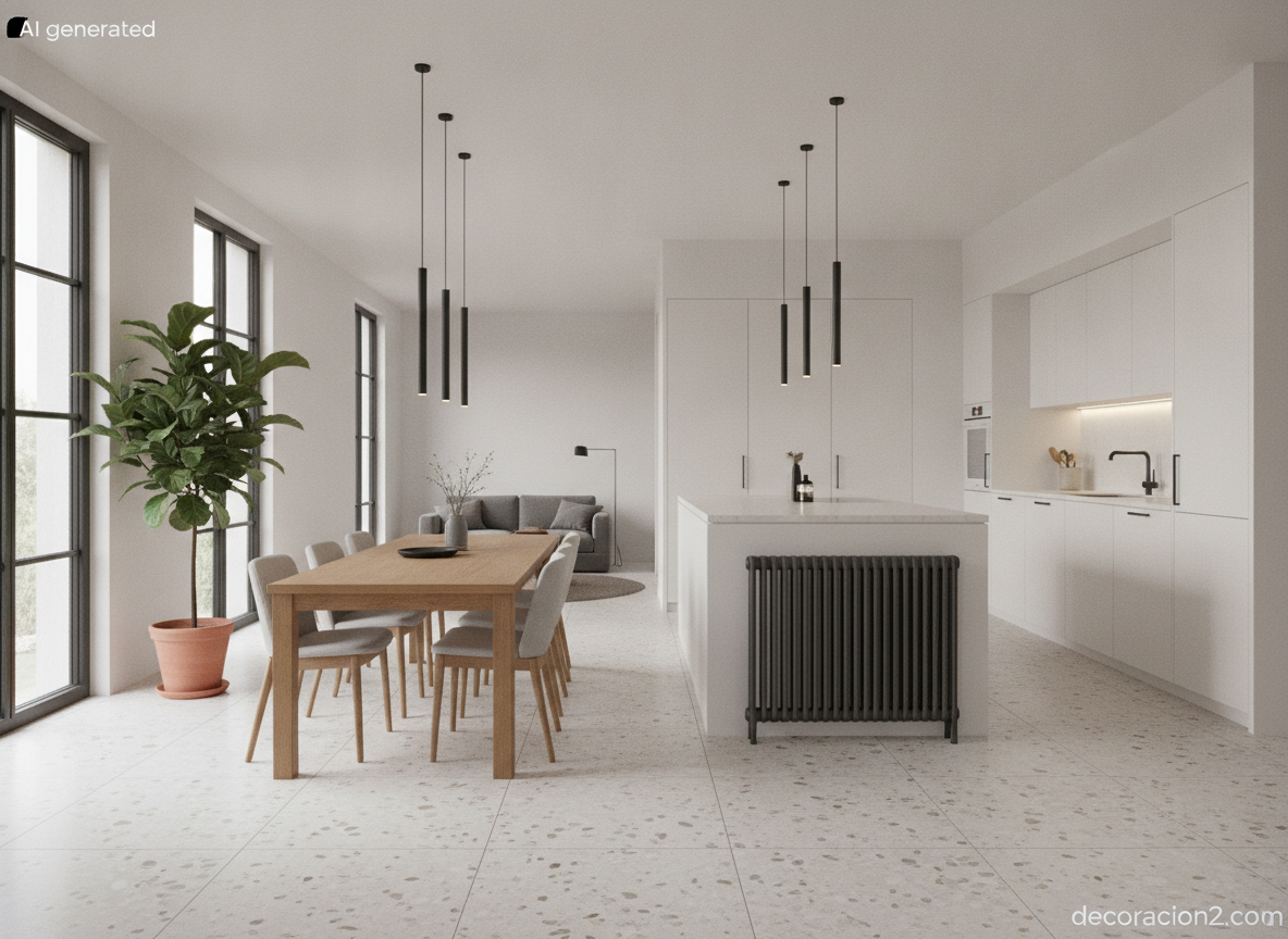 Radiadores personalizados: color, medida y forma a la carta (el caso Runtal) 2 Radiador exento de doble cara en antracita separando el comedor de la zona de estar en una cocina abierta