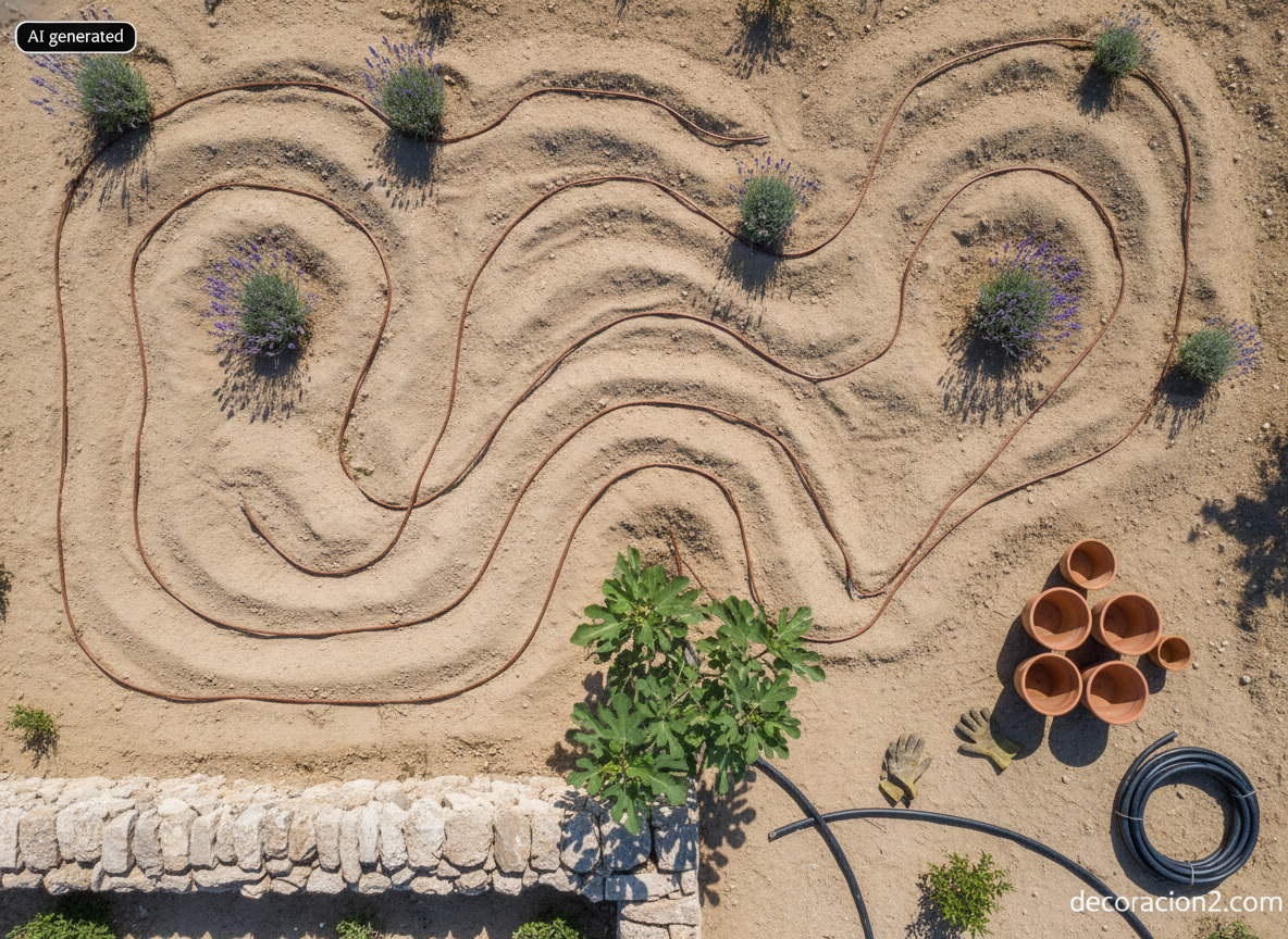Vista cenital de un jardín mediterráneo con tuberías de riego subterráneo por goteo colocadas en zanjas abiertas