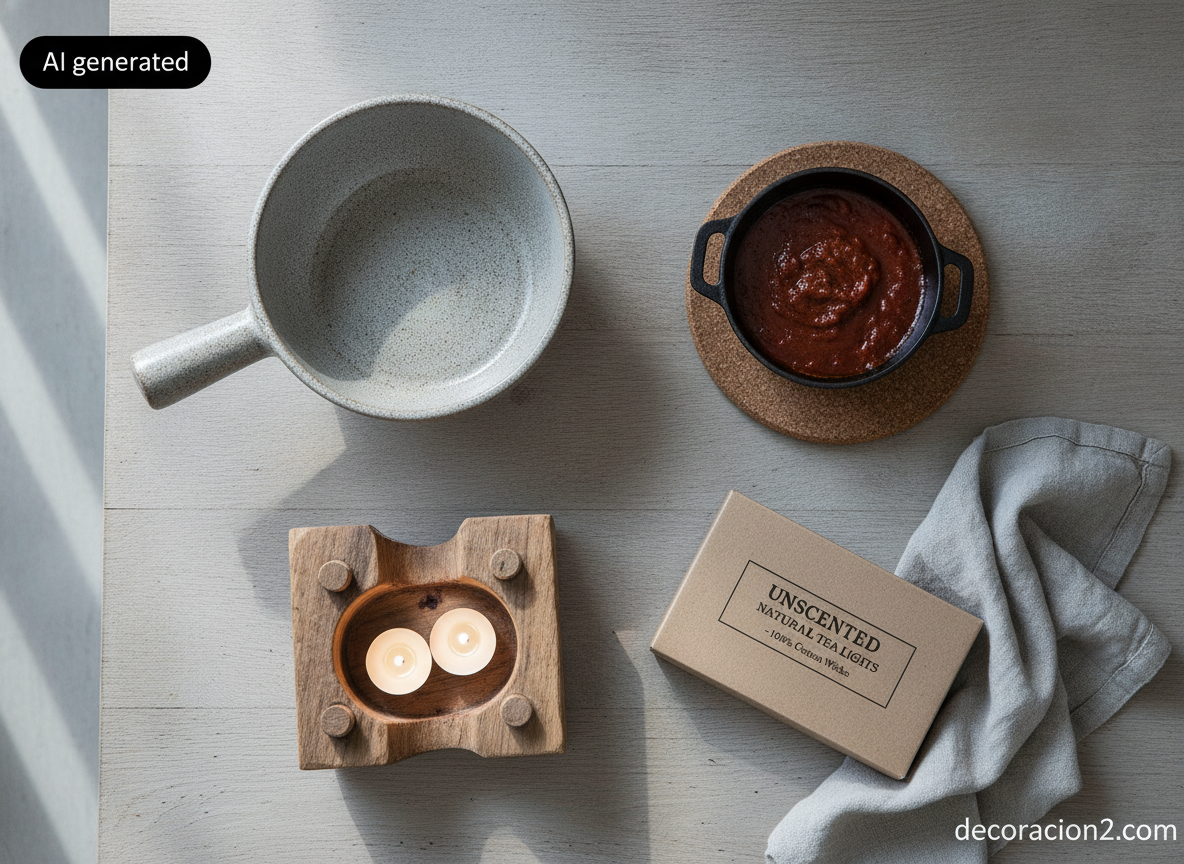 Vista cenital de un caquelon de gres, un réchaud de madera con velas de té y una mini cocotte de hierro fundido sobre encimera de roble