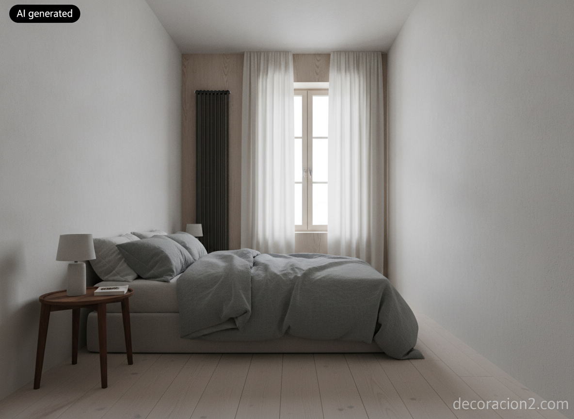 Dormitorio nórdico con radiador vertical negro de columnas instalado en el paño estrecho entre dos ventanas